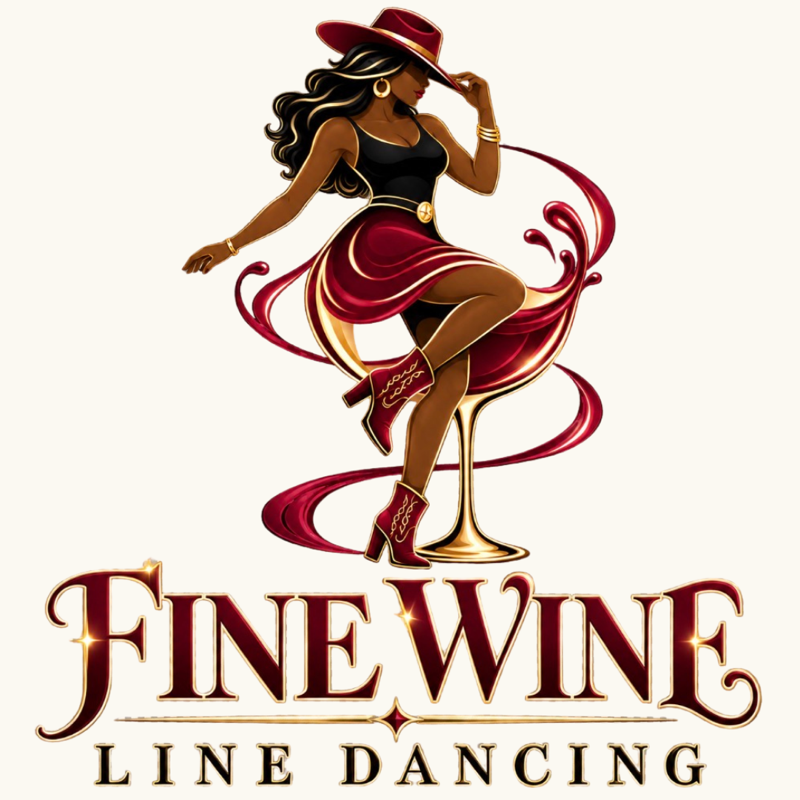Fine Wine Line Dancing logo featuring a stylish Black woman in burgundy dancing on a wine glass